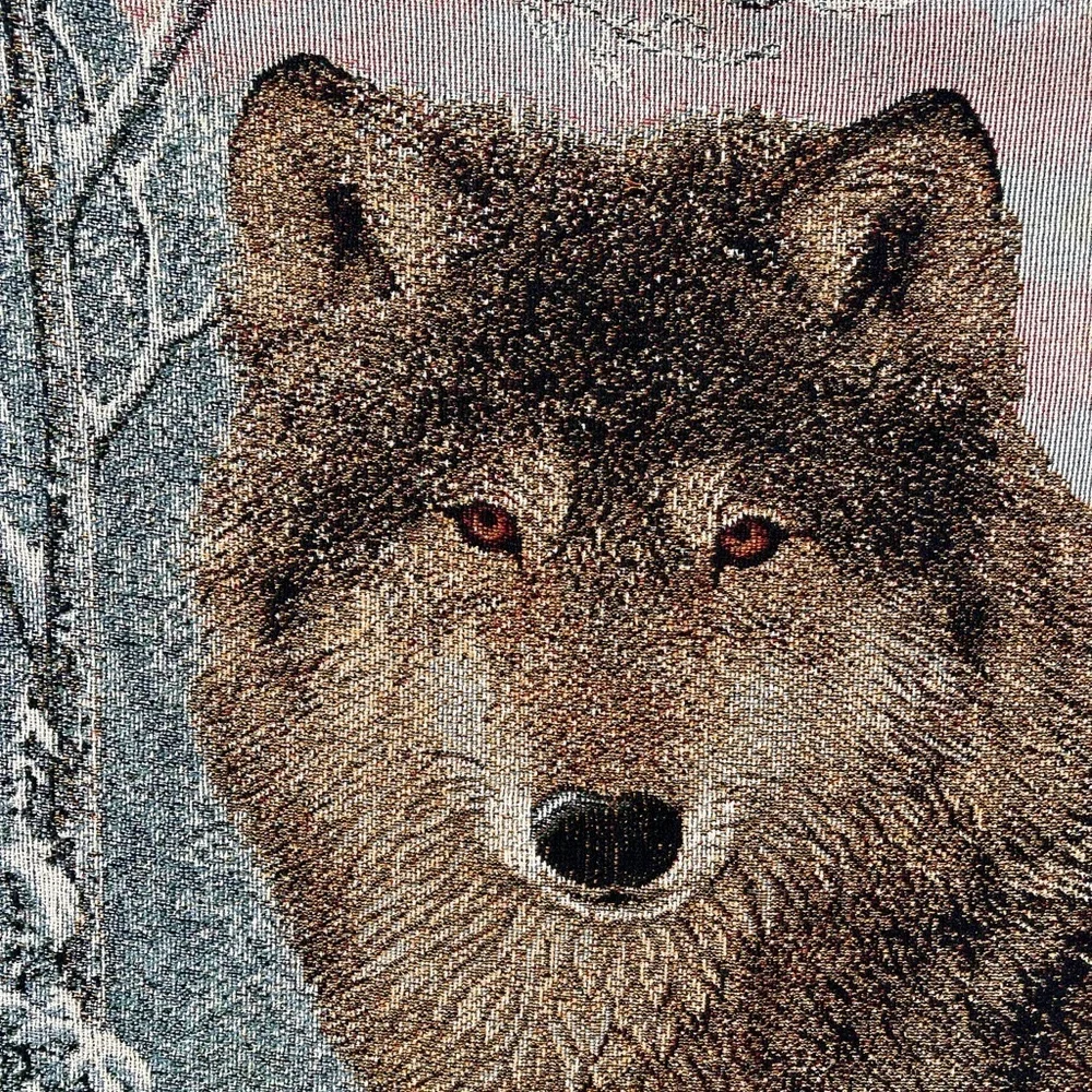 Vintage Wolf Family Woven Throw Blanket – Wildlife Tapestry with Fringe